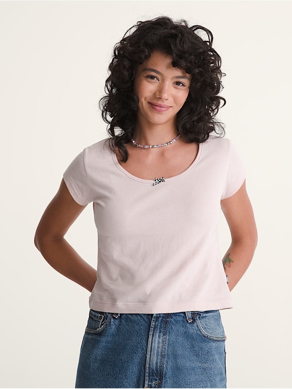 Vans Women's Sepia Rose Checkerboard Bow Scoop T-Shirt - NWT